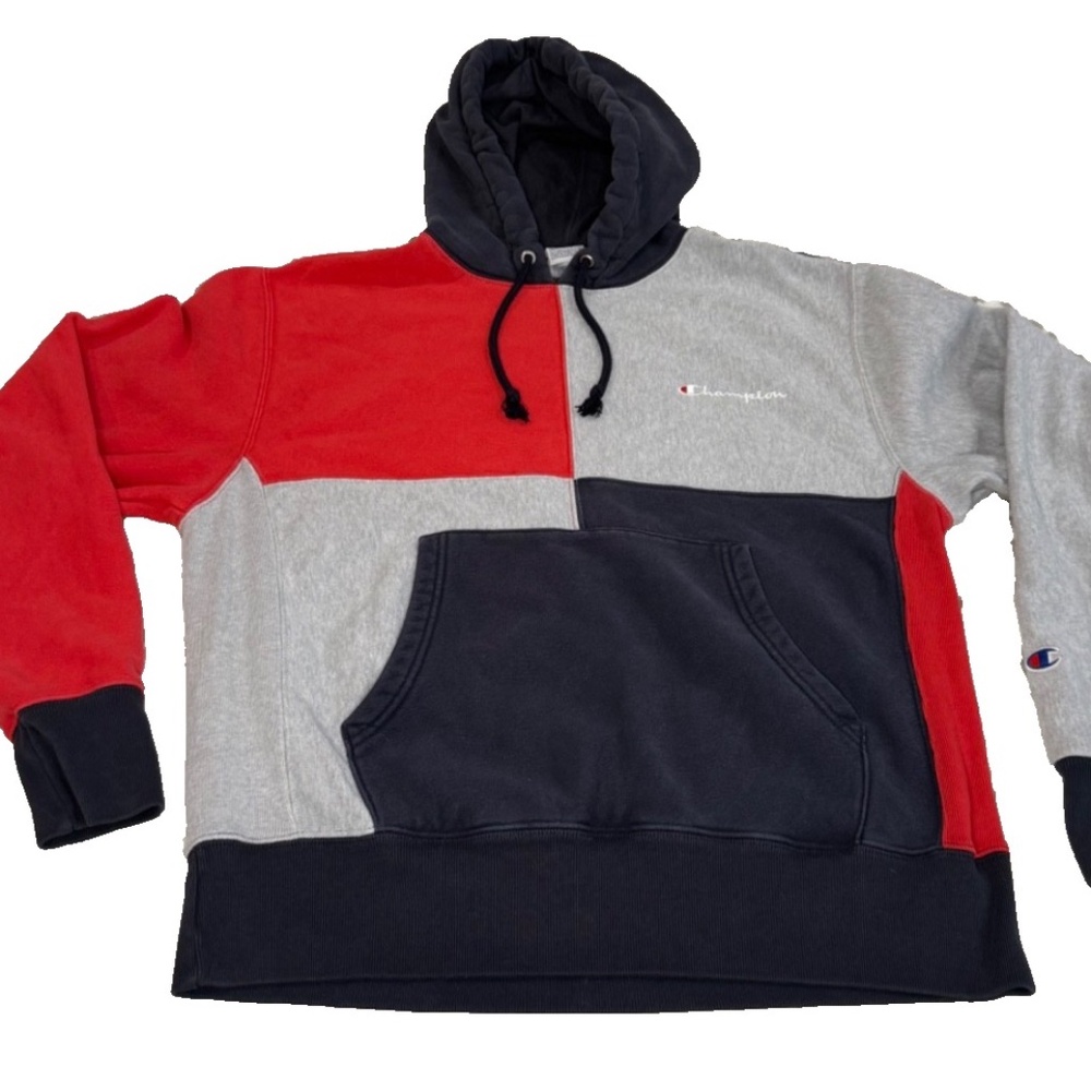 Champion Heavy Reverse Weave Color Block Hoodie Sweatshirt; Size Med